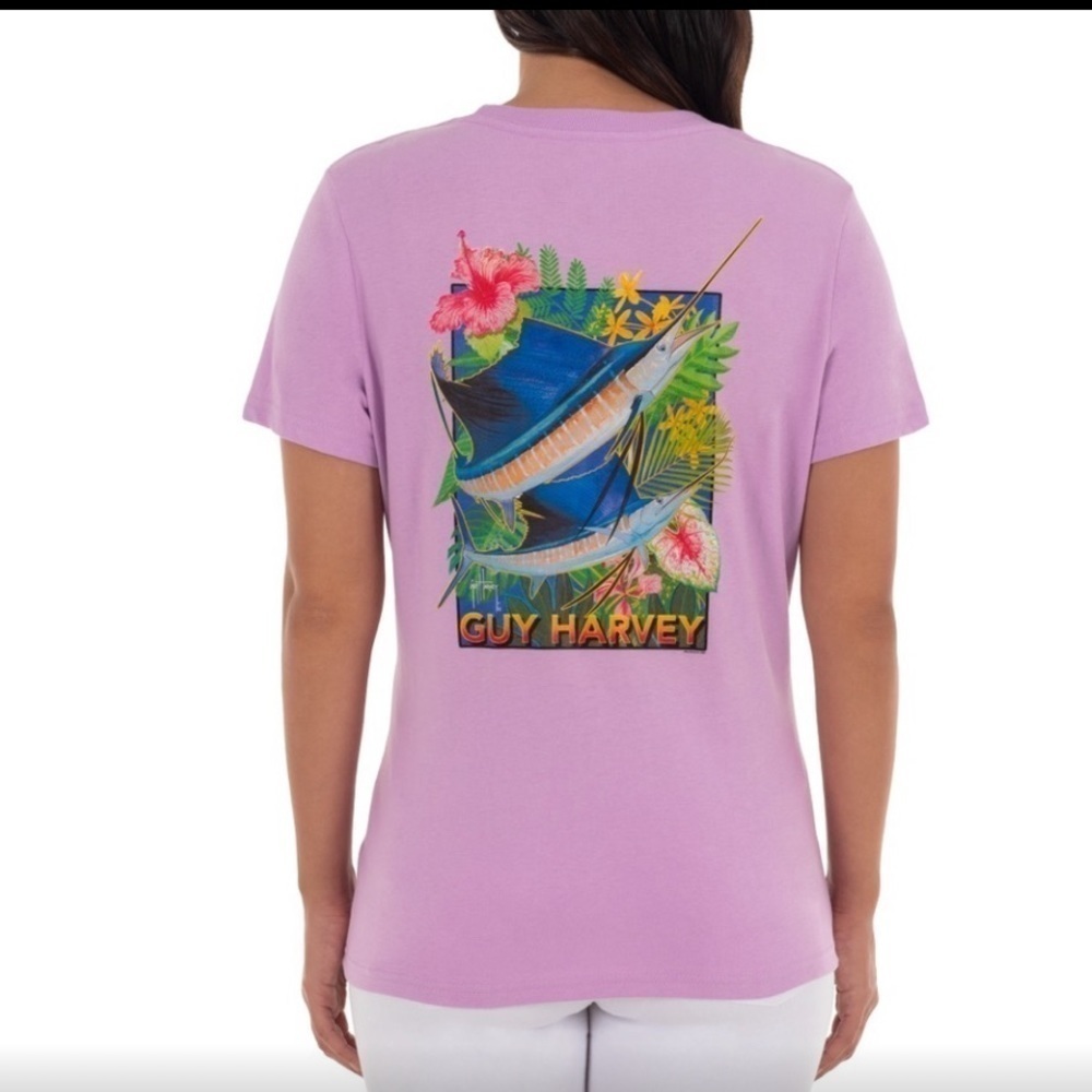 New Guy Harvey Ladies Floral Sailfish Short Sleeve Graphic T-shirt Lavender NWT
